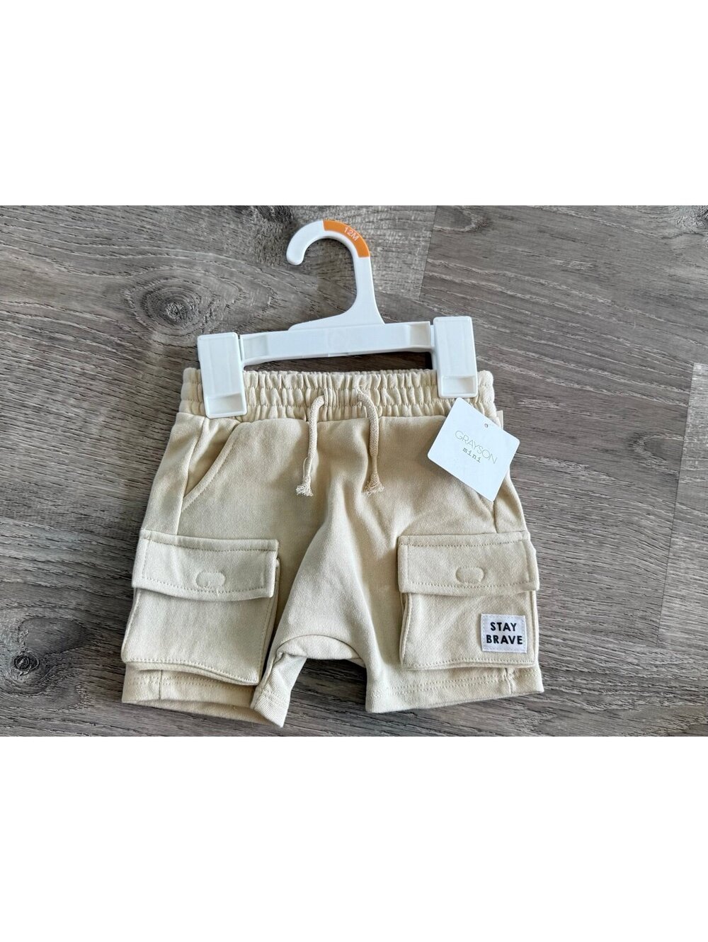 NWT ‘Stay Brave’ Light Tan/Beige Cargo Shorts 12 months